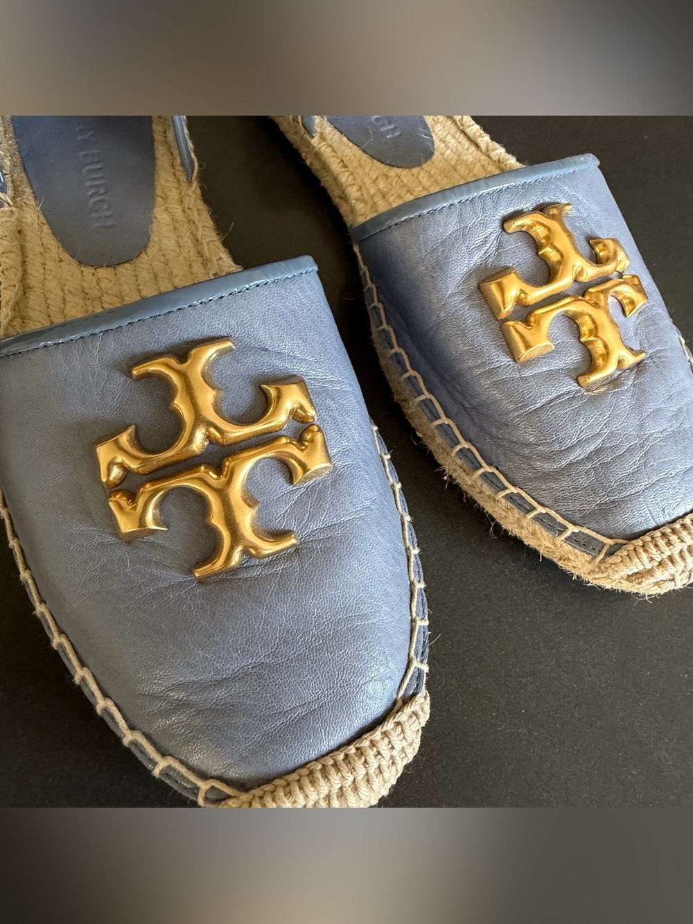 Tory Burch Light Blue Leather Espadrille Slides with Gold Logo